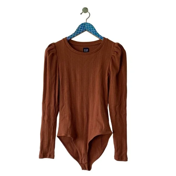 GAP Saddle Brown Ribbed Puff Sleeve Stretch Cotton Bodysuit - Picture 2 of 9